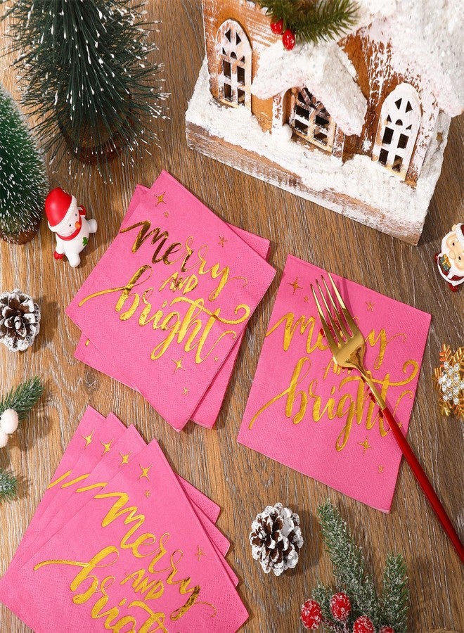 Whaline 80Pcs Christmas Cocktail Napkin Gold Foil Merry and Bright Disposable Paper Napkin Pink Beverage Napkin for Xmas Winter Party Decor - Image 3